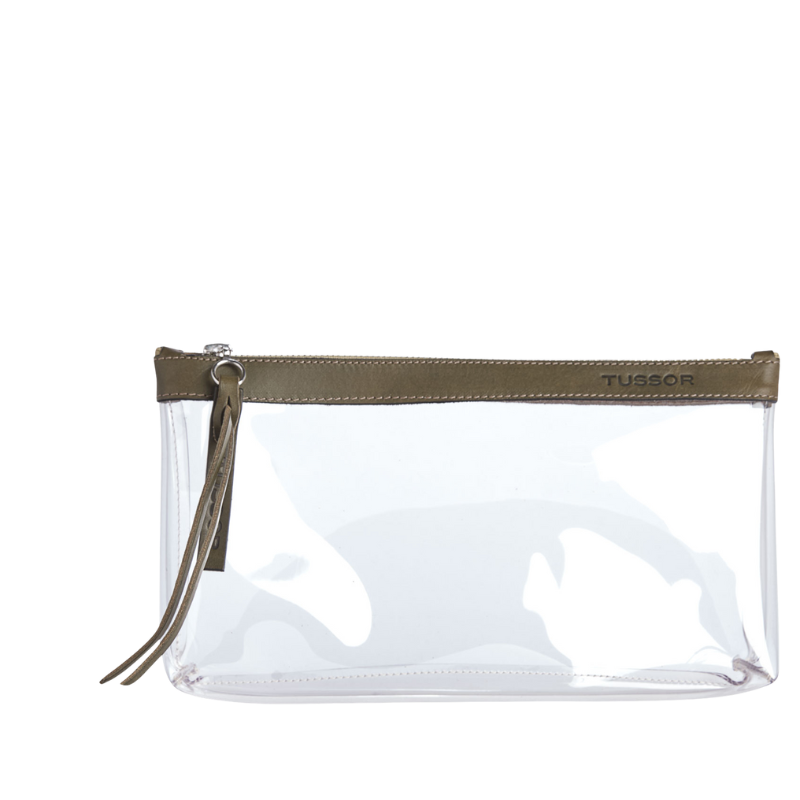 trousse pochette pvc et cuir kaki large 689087791016e002512624 TUSSOR - Trousse PVC et cuir Kaki Large