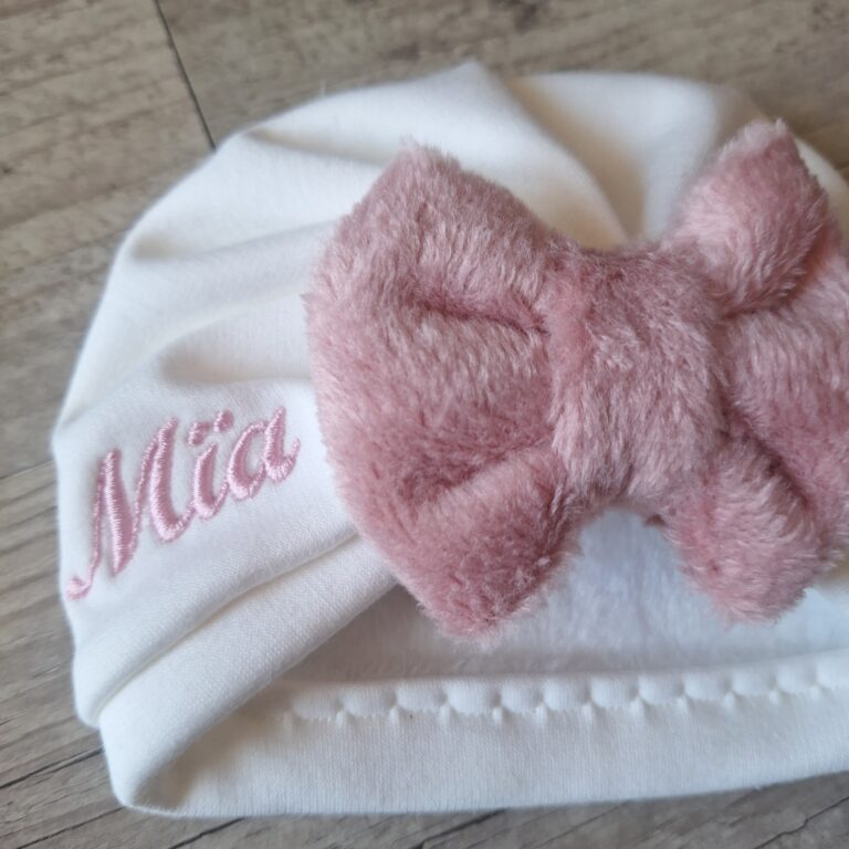 La Fabrique A DeDeuh - Ensemble Prénom Brodé Turban nœud + moufles + bandeau + chaussons assortis en tissu polaire alpine finition fourrure _ Oeko-Tex – 9.12 mois / Turban+moufles
