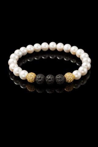 NEIJE - Bracelet Eclipse Perles deau douce & Pierre de Lave  Or Jaune