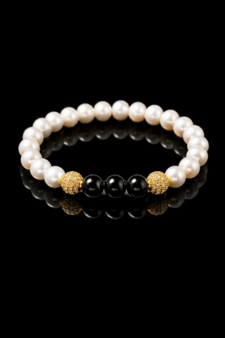 NEIJE - Bracelet Eclipse Perles deau douce & Onyx  Or Jaune