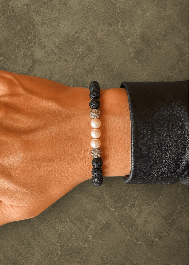 NEIJE - Bracelet Eclipse Pierre de Lave et Or Blanc – XL (poignet de 19 à 21 cm)