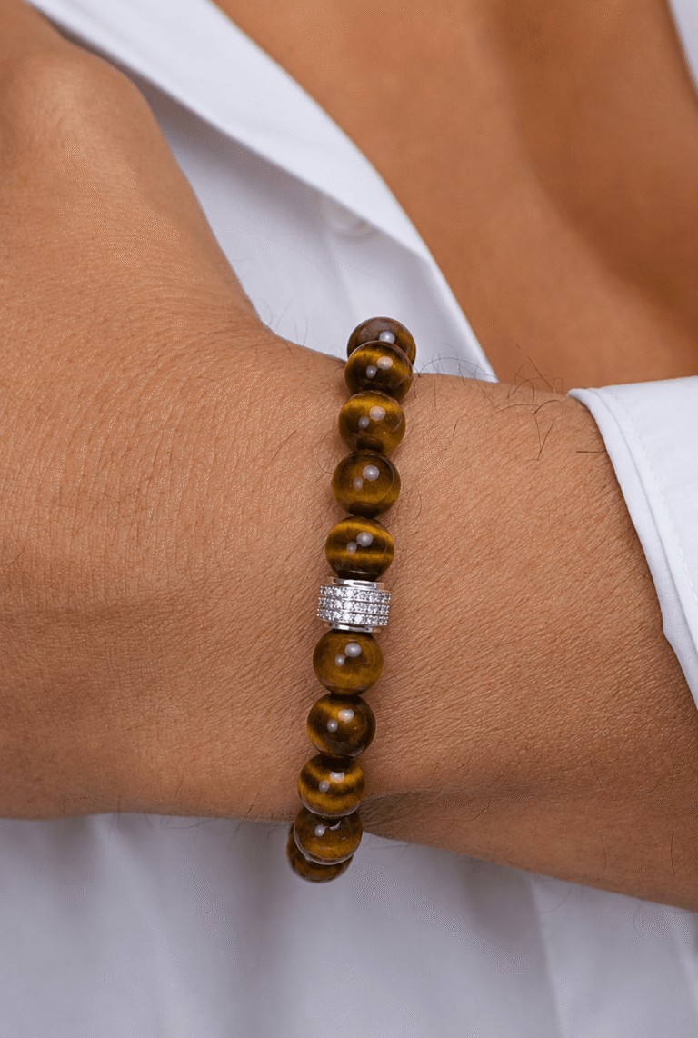 NEIJE - Bracelet Corto Oeil de Tigre Or Blanc – XL (poignet de 19 à 21 cm)