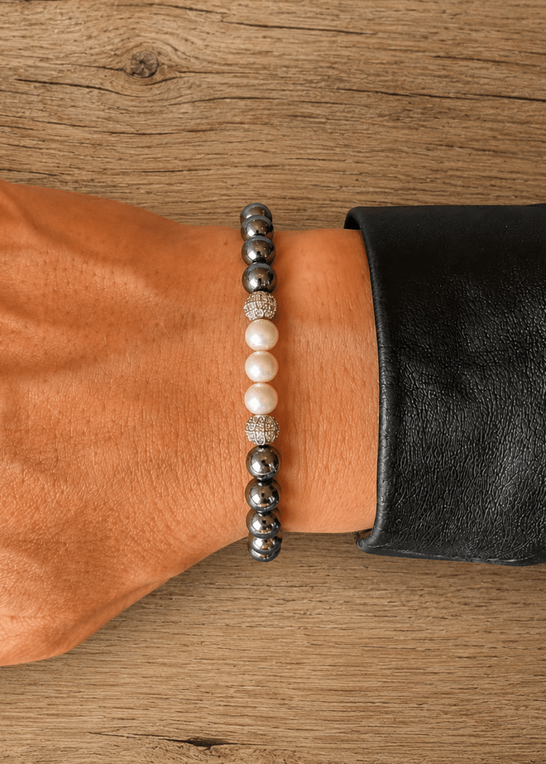 NEIJE - Bracelet Eclipse Hématite et Or Blanc – XL (poignet de 19 à 21 cm)