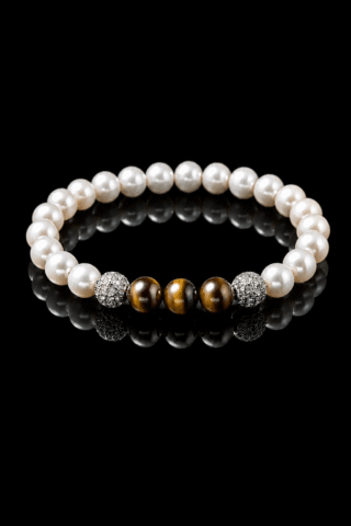 Bracelet Eclipse Perles d’eau douce & Oeil de Tigre – Or Blanc par la marque NEIJE NEIJE - Bracelet Eclipse Perles d’eau douce & Oeil de Tigre – Or Blanc