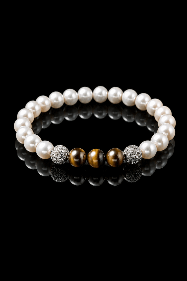 NEIJE - Bracelet Eclipse Perles d'eau douce & Oeil de Tigre - Or Blanc – XL (poignet de 19 à 21 cm)