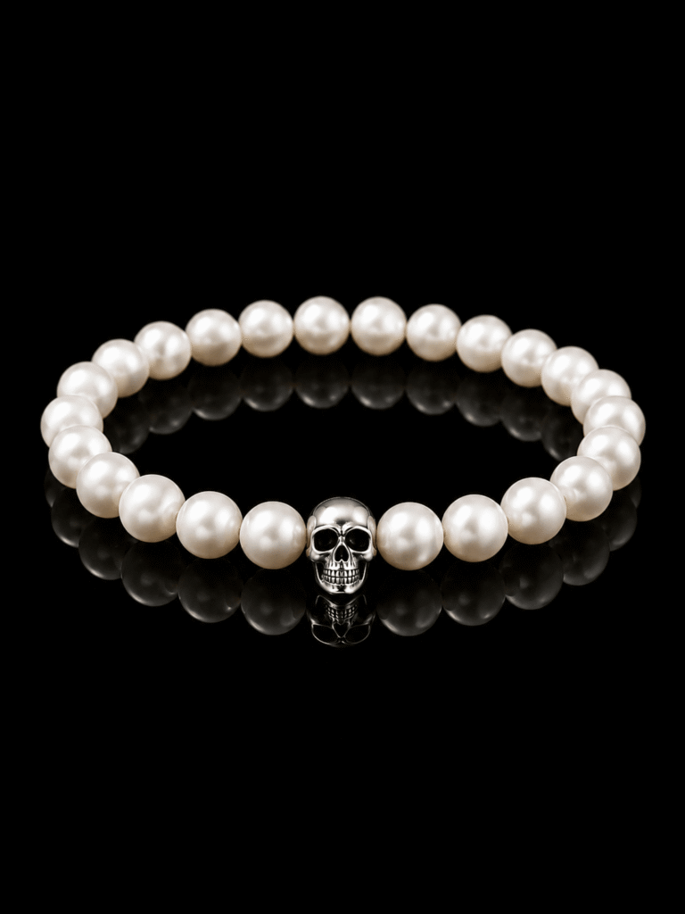 Bracelet perle deau douce tete de mort argent NEIJE - Bracelet Requiem Perles d'eau douce et Argent 925 – XL (poignet de 19 à 21 cm)