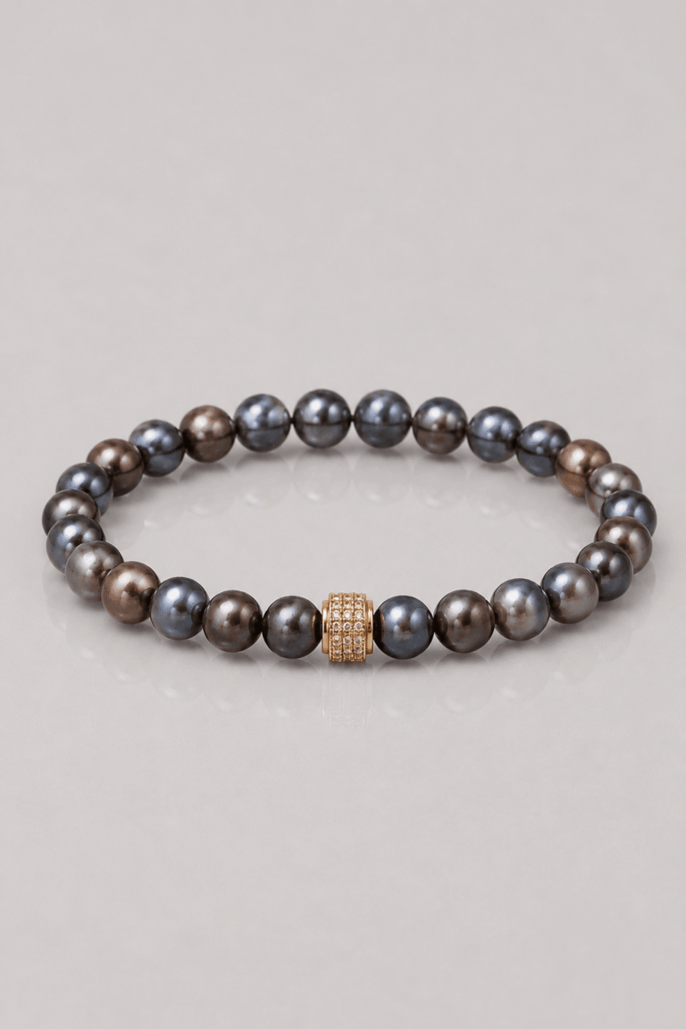 NEIJE - Bracelet Swann Perles d'eau douces Noires Or Jaune – XL (poignet de 19 à 21 cm)