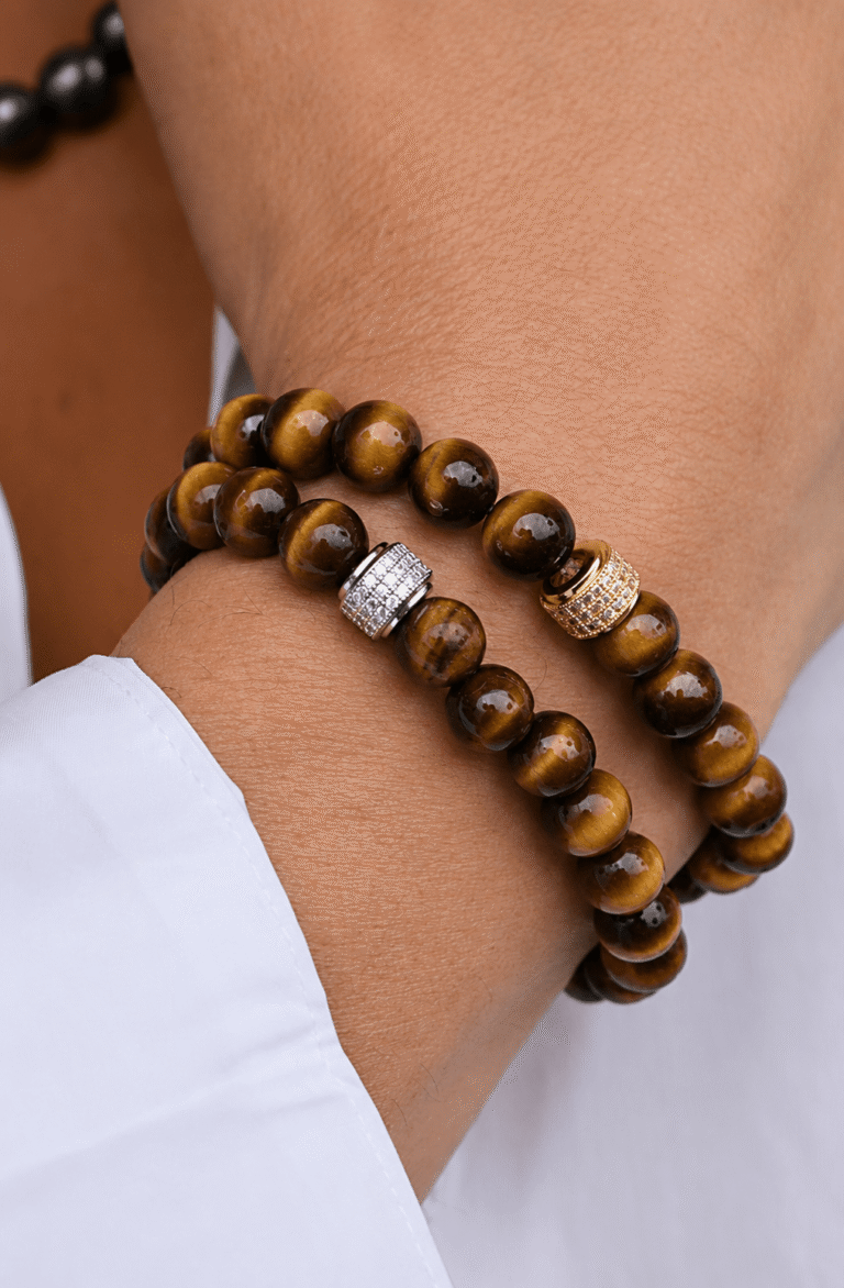 NEIJE - Coffret Collier & Bracelet Oeil de Tigre et Or Jaune - Corto – XL (poignet de 19 à 21 cm) / 50 cm + extension de 5 cm