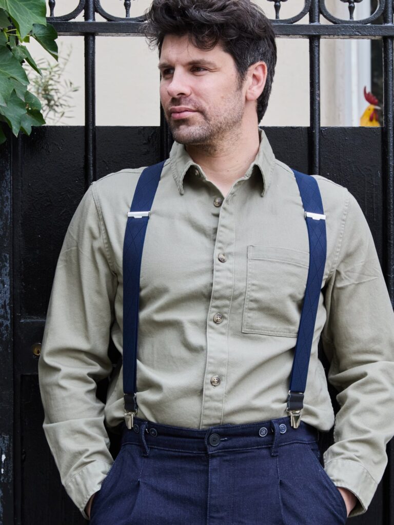 Pierrot - Bretelles à Carreaux Finitions Cuir – Bleu