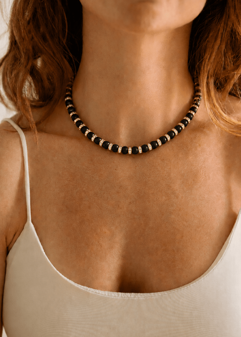 NEIJE - Parure Collier & Bracelet Onyx - Mes nuits sont plus belles que vos jours – L (poignet de 17 à 19 cm) / 50 cm + extension de 5 cm