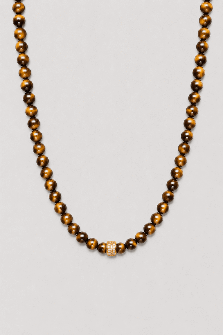 NEIJE - Collier Corto Oeil de Tigre et Or Jaune – 50 cm + extension de 5 cm