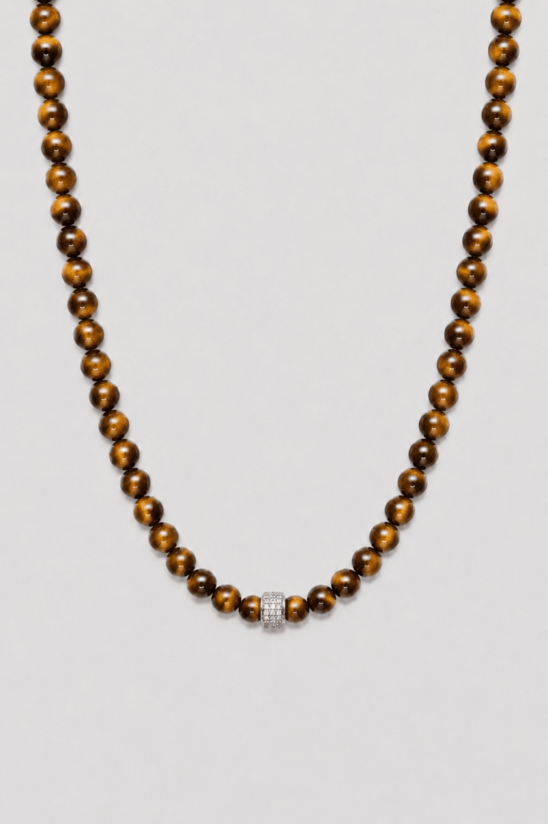 NEIJE - Collier Corto Oeil de Tigre et Argent 925 – 50 cm + extension de 5 cm