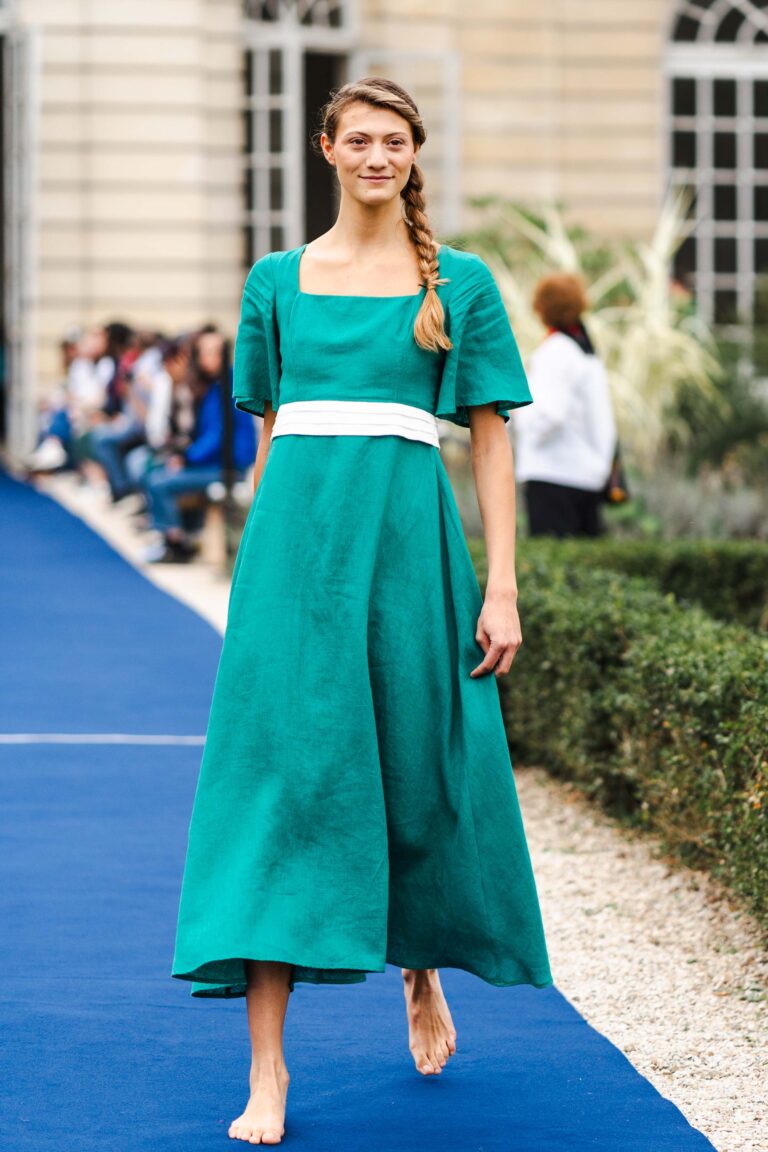 Divine Harmonie - Robe Longue Terre d'Émeraude en Lin – L / Vert Émeraude et Blanc