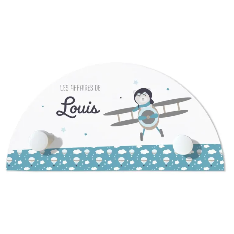Portemanteau ourson aviateur Atelier Baby’Sphère - Portemanteau prénom 2 patères de l'ourson aviateur