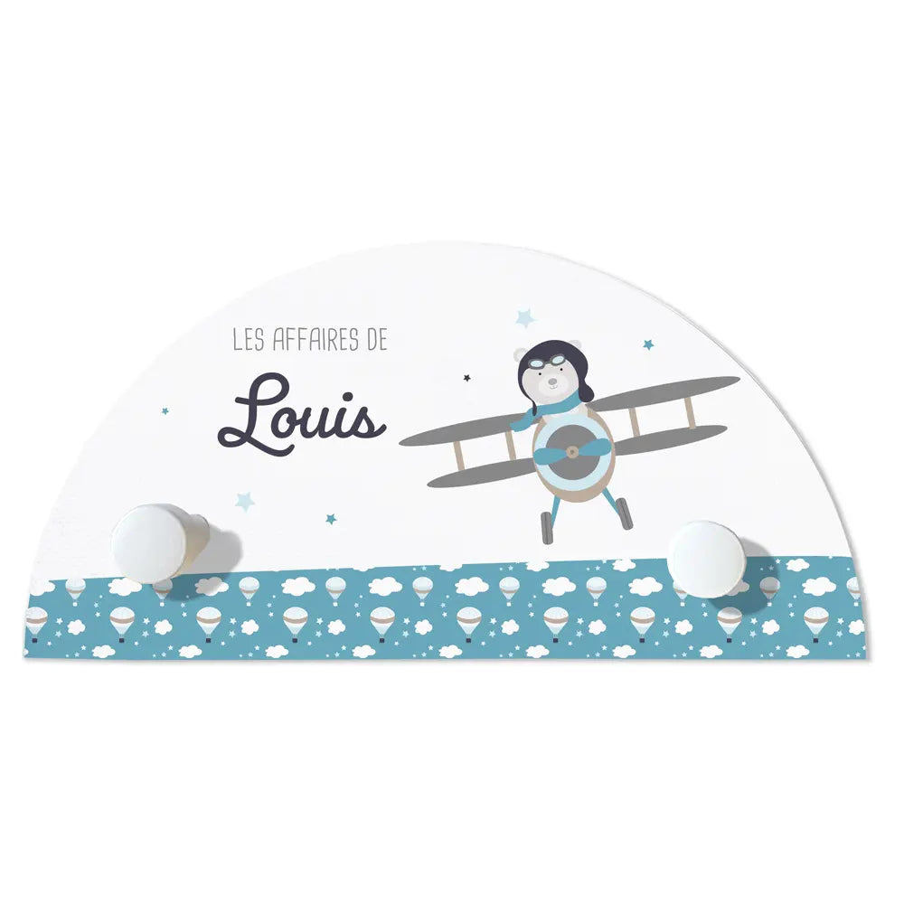 Portemanteau ourson aviateur Atelier Baby’Sphère - Portemanteau prénom 2 patères de l'ourson aviateur