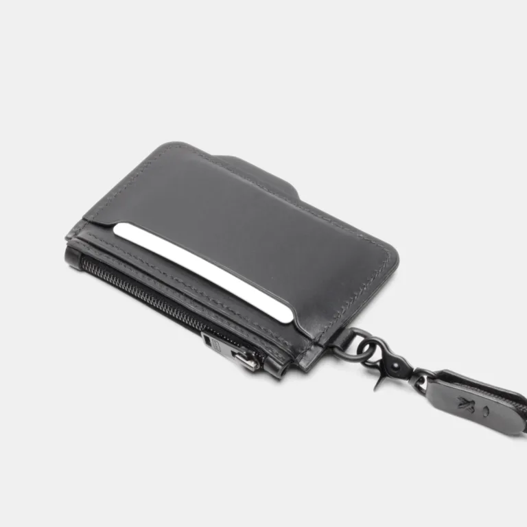 Darksails - Porte-Cartes Zippé en Cuir Noir avec Bandoulière