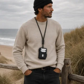 Darksails - Porte-Cartes Zippé en Cuir Noir avec Bandoulière