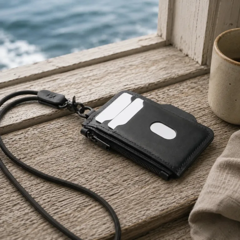 Darksails - Porte-Cartes Zippé en Cuir Noir avec Bandoulière