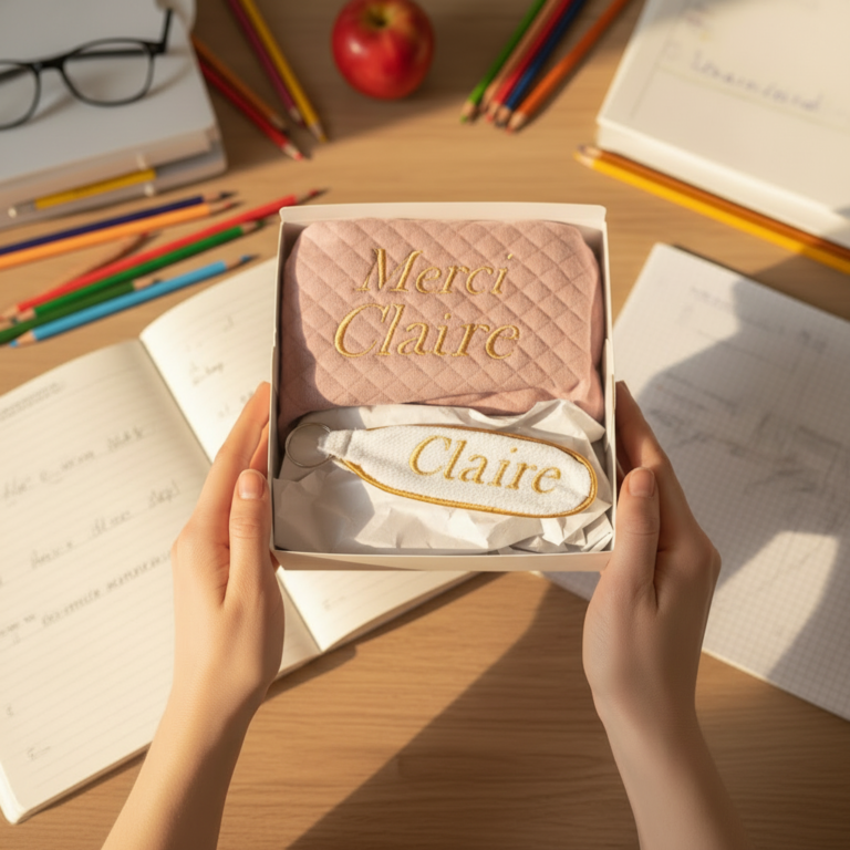 La Fabrique A DeDeuh - COFFRET: Merci - Cadeau Enseignant(e) Personnalisé – Trousse & Porte-Clé Brodés