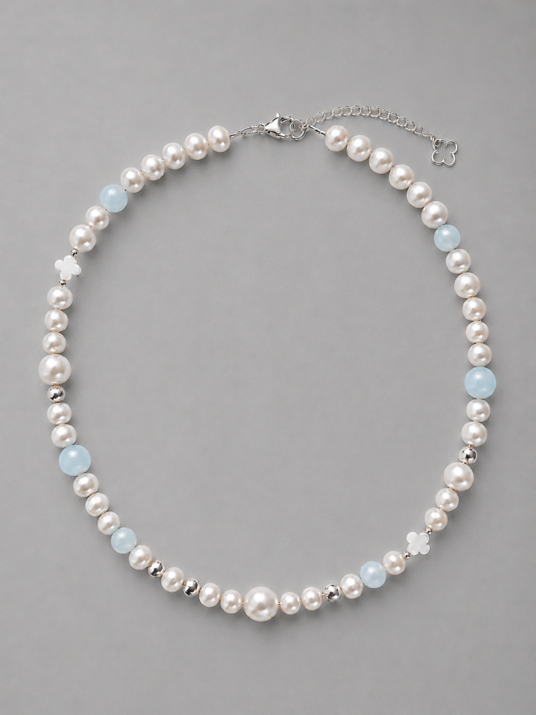 NEIJE - Collier Bleu du Prince Perles d'eau douce et Aigue Marine – 50 cm + extension de 5 cm