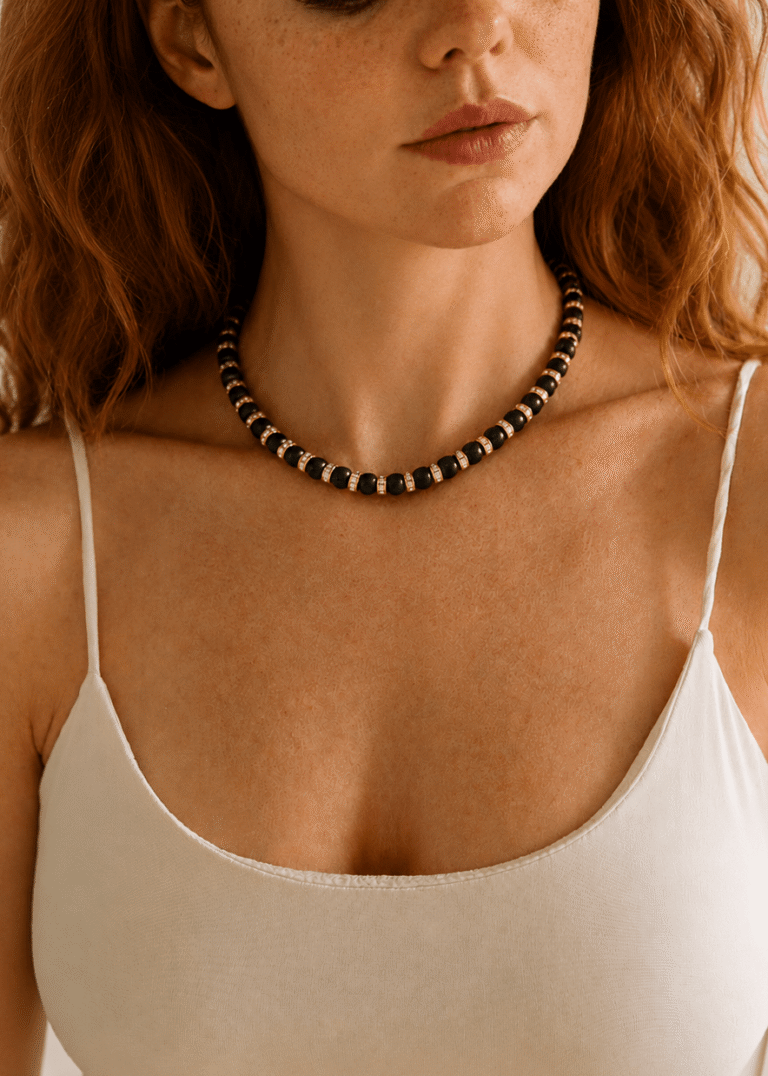 NEIJE - Parure Collier & Bracelet Onyx - Mes nuits sont plus belles que vos jours – L (poignet de 17 à 19 cm) / 50 cm + extension de 5 cm
