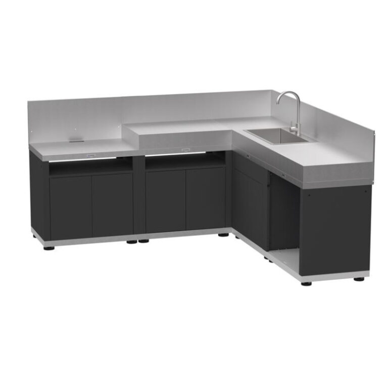 LE MARQUIER - Cuisine d'extérieur LE MARQUIER d'angle 5 éléments avec crédences coloris DUO noir et inox