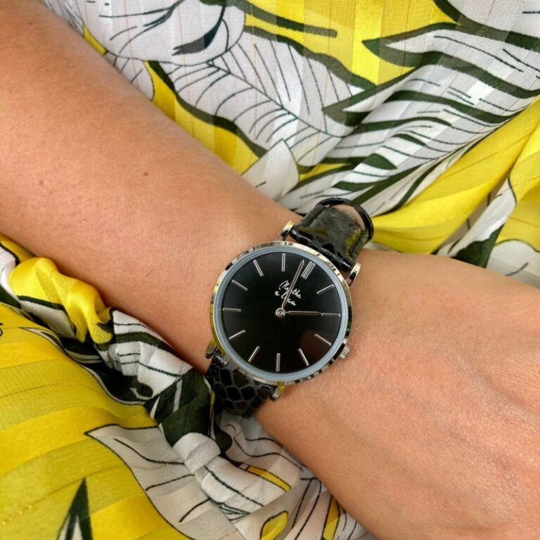 Menthe à l'eau - Montre Femme La Véritable bracelet cuir python noir fond noir chromée – Noir