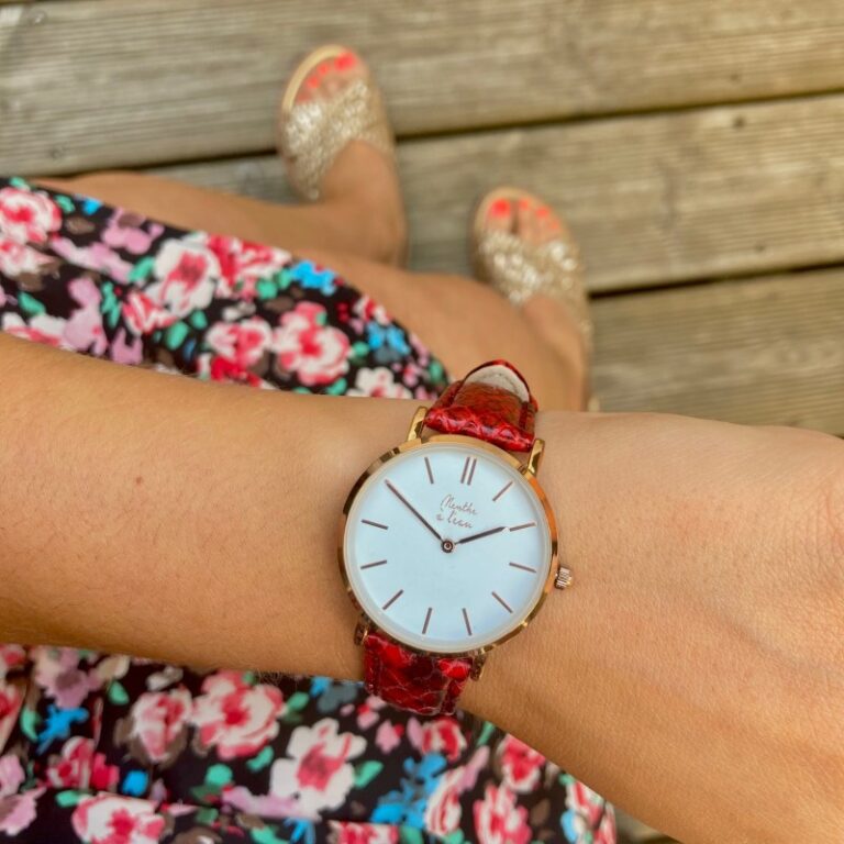 Menthe à l'eau - Montre Femme La Véritable bracelet cuir python rouge fond blanc rose dorée – Rouge