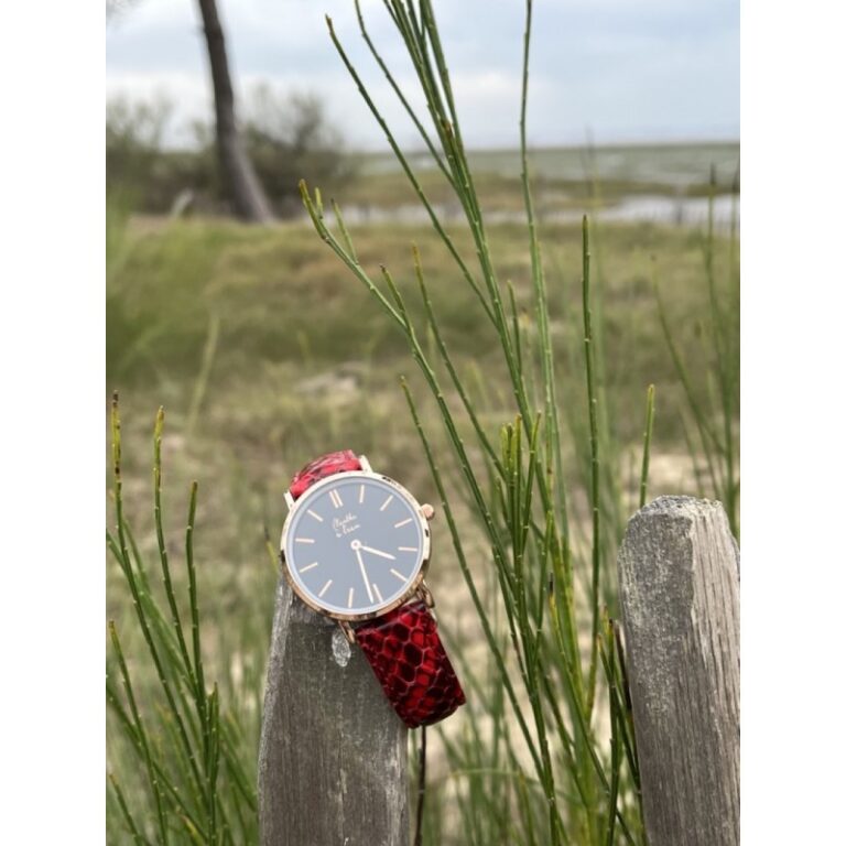 Menthe à l'eau - Montre Femme La Véritable bracelet cuir python rouge fond noir rose dorée – Rouge
