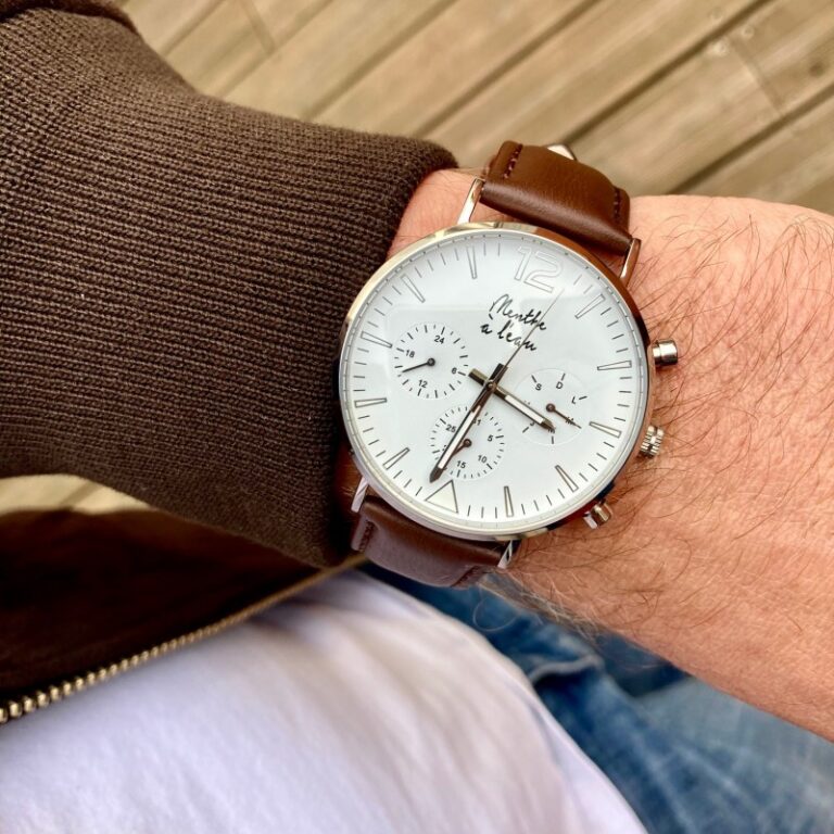 Menthe à l'eau - Montre Homme La Précise bracelet cuir marron fond blanc chromée – Marron