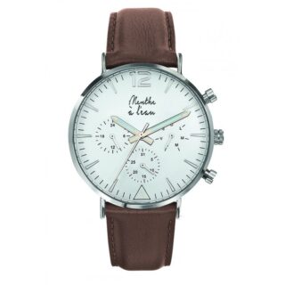 Montre Homme La Précise bracelet cuir marron fond blanc chromée par la marque Menthe à l’eau Menthe à l’eau - Montre Homme La Précise bracelet cuir marron fond blanc chromée