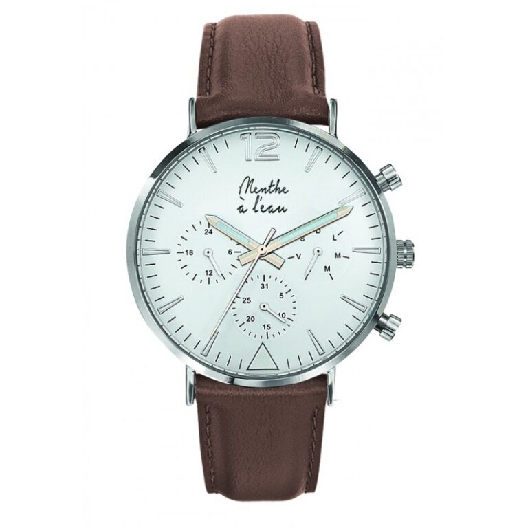 montre homme la precise bracelet cuir marron fond blanc chromee Blanc