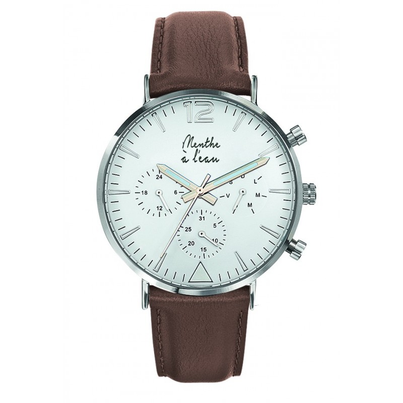 montre homme la precise bracelet cuir marron fond blanc chromee Blanc
