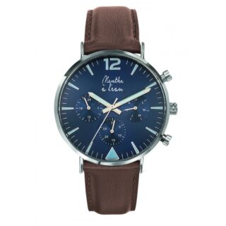 Montre Homme La Précise bracelet cuir marron fond bleu chromée par la marque Menthe à l’eau Menthe à l’eau - Montre Homme La Précise bracelet cuir marron fond bleu chromée