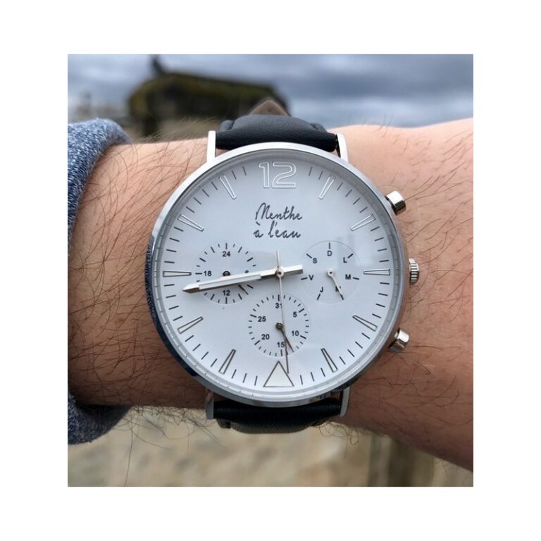 Menthe à l'eau - Montre Homme La Précise bracelet cuir noir fond blanc chromée – Noir