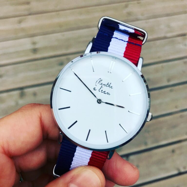 Menthe à l'eau - Montre Homme La Résistante bracelet nato bleu/blanc/rouge chromée – Bleu