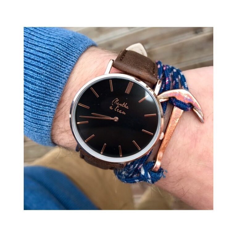 Menthe à l'eau - Montre Homme La Véritable bracelet cuir marron fond noir rose dorée – Marron