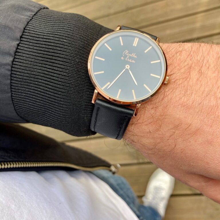 Menthe à l'eau - Montre Homme La Véritable bracelet cuir noir fond noir rose dorée – Noir