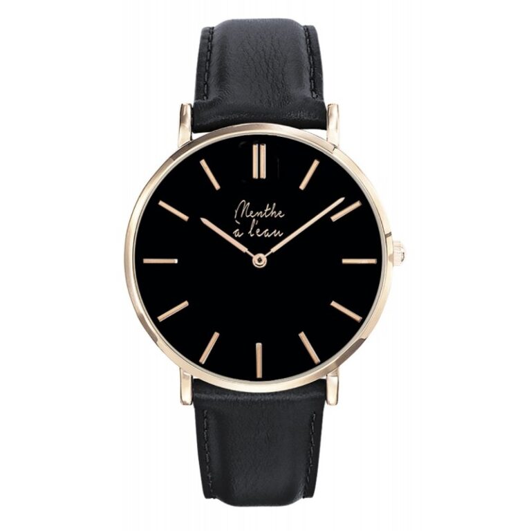montre homme la veritable bracelet cuir noir fond noir rose doree Noir