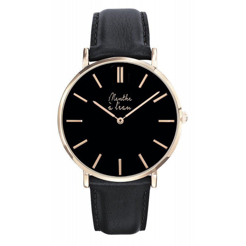 montre homme la veritable bracelet cuir noir fond noir rose doree Noir