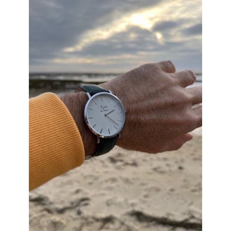 Menthe à l'eau - Montre Homme La Véritable bracelet cuir vert fond blanc chromée – Vert