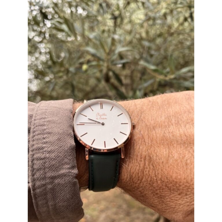 Menthe à l'eau - Montre Homme La Véritable bracelet cuir vert fond blanc rose dorée – Vert