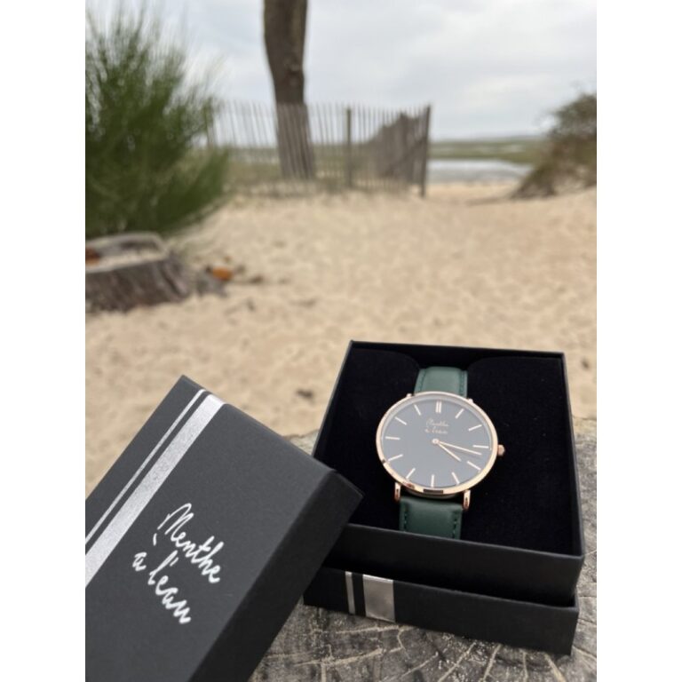 Menthe à l'eau - Montre Homme La Véritable bracelet cuir vert fond noir rose dorée – Vert