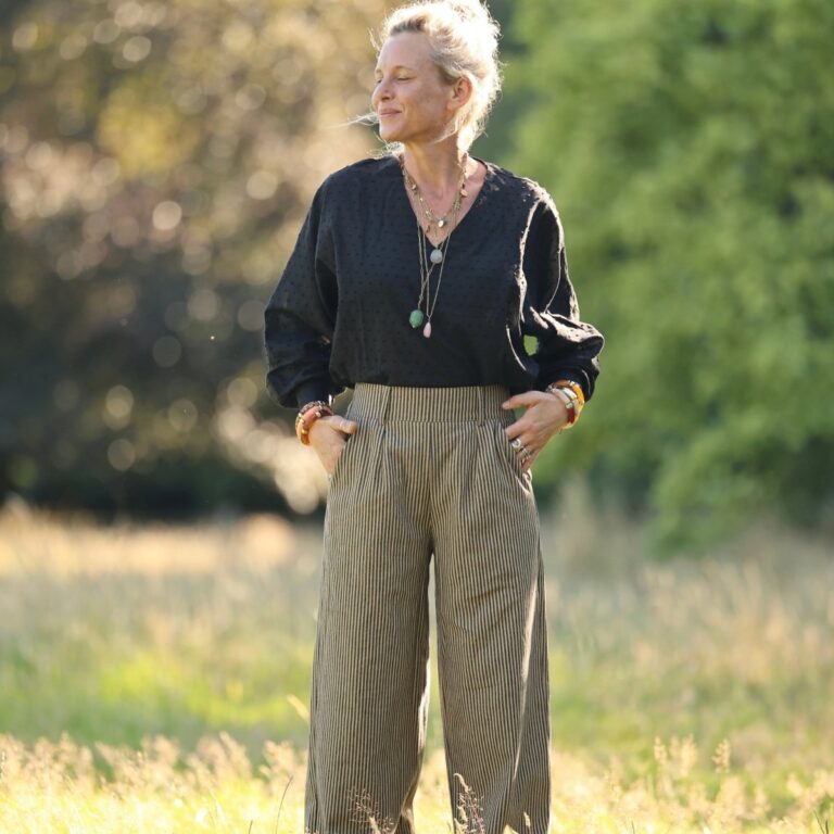 Quintessence - Pantalon Tino - Toile de coton rayé camel/noir – 3XL