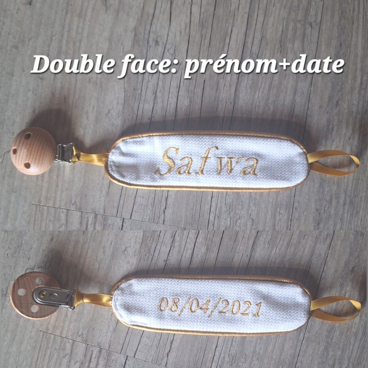 rn image picker lib temp 0092a760 31cb 424f bd6f 82a7142dc59b La Fabrique A DeDeuh - Attache tétine Chic - double face - personnalisé avec Prénom brodé et date de naissance