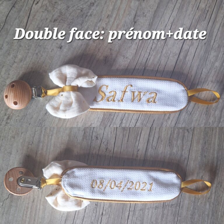 rn image picker lib temp d1eb8128 eeb8 4dc1 b57c 375af89d222e La Fabrique A DeDeuh - Attache tétine Chic Nœud - double face - personnalisé avec Prénom brodé et date de naissance