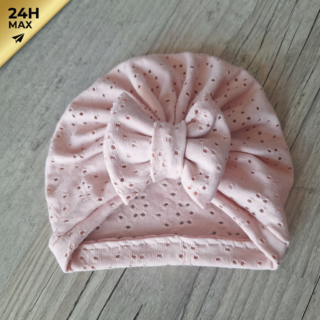 La Fabrique À DeDeuh - Turban nœud jersey ajouré broderie anglaise rose – Naissance/Maternité – Expédié sous 24h