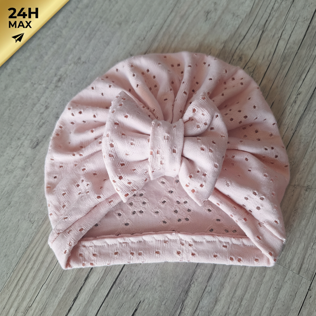 turban broderie anglaise rose 24h La Fabrique A DeDeuh - Turban nœud jersey ajouré broderie anglaise rose – Naissance/Maternité – Expédié sous 24h