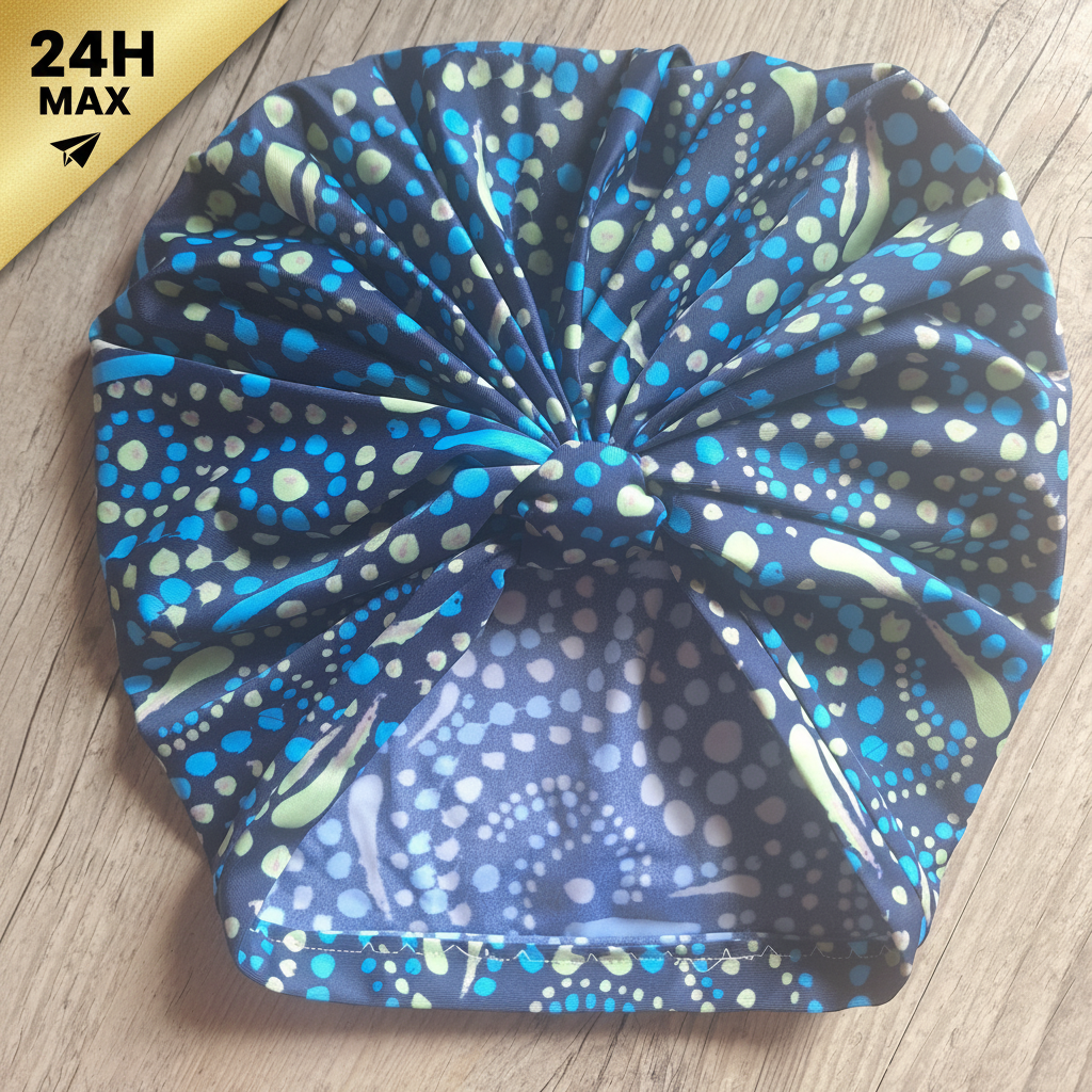 turban imprim pois bleu marine 24h La Fabrique A DeDeuh - Turban simple de bain bleu poid vert – adulte – Expédié sous 24h