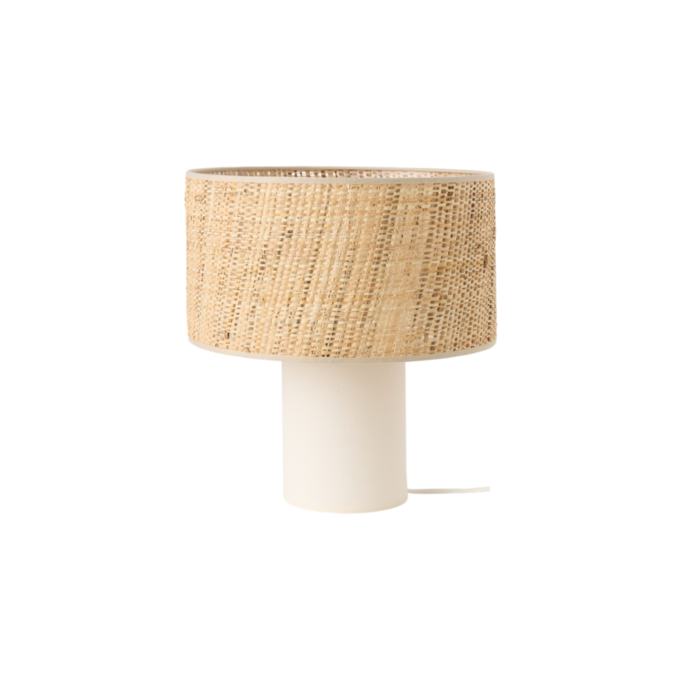 ESSENTIELS PAR CAMIF - Lampe à poser pied en lin blanc et abat -jour en rabane Risley